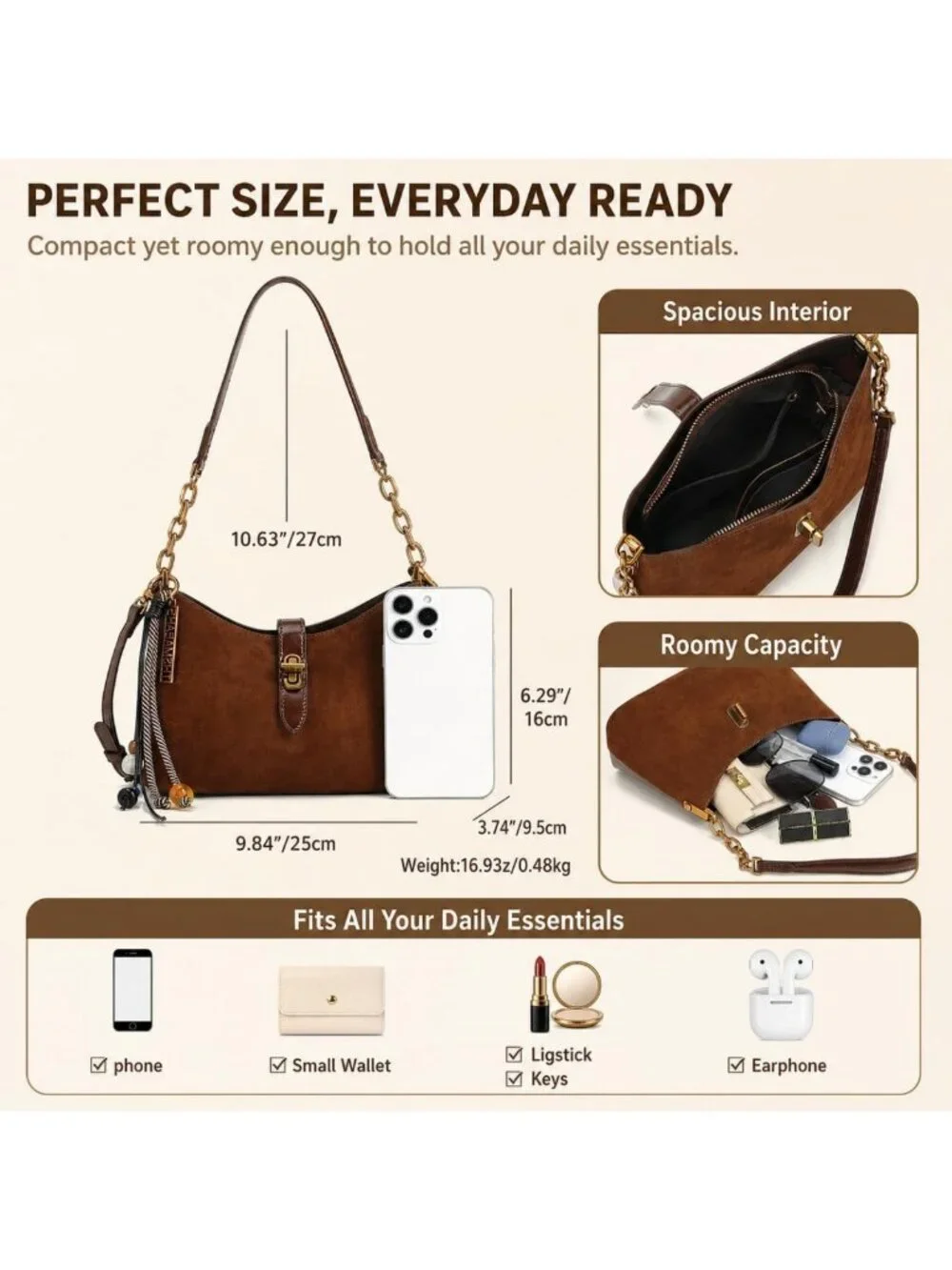 Lightweight Suede Crescent Shoulder Bag, Hobo Purse with Chain & Adjustable